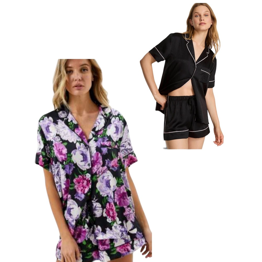 Victoria's Secret Satin Pajama Set LOT of 2 Black jacquard & Floral Sz Small